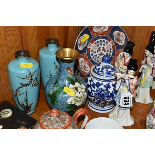 534 - A COLLECTION OF ORIENTAL WARES ETC, to include a enamel vases with cherry blossom trees and birds, i... 