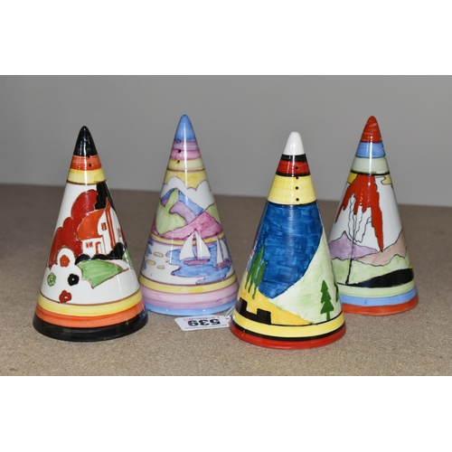 539 - FOUR RENE DALE CONICAL SUGAR SHAKERS, one painted with a castle amongst trees and hills, one with a ... 