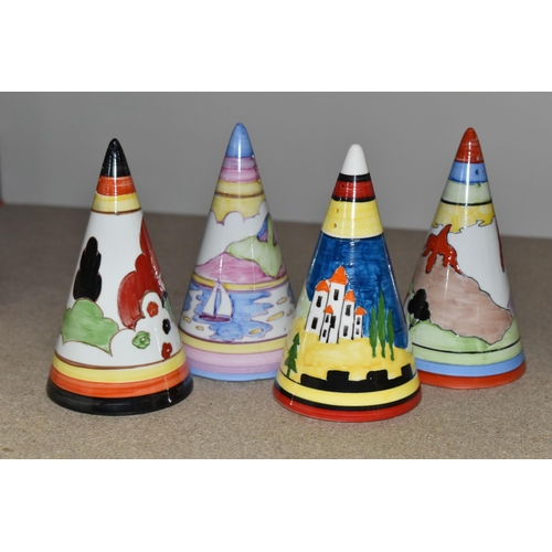 539 - FOUR RENE DALE CONICAL SUGAR SHAKERS, one painted with a castle amongst trees and hills, one with a ... 