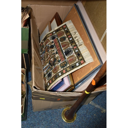 543 - FOUR BOXES AND LOOSE METALWARE, BOOKS, EPHEMERA, PICTURES AND SUNDRY ITEMS, to include a Cadbury Bou... 