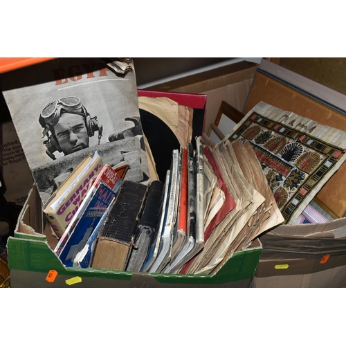 543 - FOUR BOXES AND LOOSE METALWARE, BOOKS, EPHEMERA, PICTURES AND SUNDRY ITEMS, to include a Cadbury Bou... 