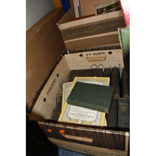 543 - FOUR BOXES AND LOOSE METALWARE, BOOKS, EPHEMERA, PICTURES AND SUNDRY ITEMS, to include a Cadbury Bou... 