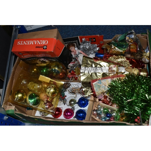 544 - TWO BOXES OF CHRISTMAS DECORATIONS, mainly mid to late twentieth century to include baubles, angels,... 