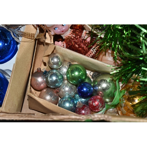 544 - TWO BOXES OF CHRISTMAS DECORATIONS, mainly mid to late twentieth century to include baubles, angels,... 