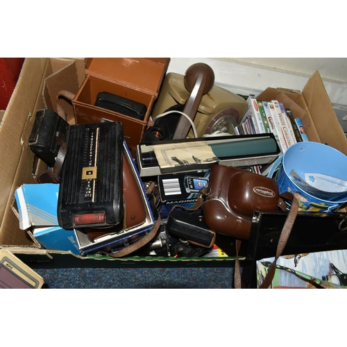 551 - FIVE BOXES AND LOOSE SUNDRY ITEMS, to include a sarcophagus form tea caddy, a brown rotary telephone... 