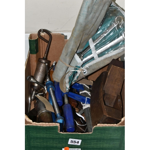 554 - A QUANTITY OF LOOSE TOOLS,  various assorted types of spanner, clamp, punch, grease gun etc., includ... 