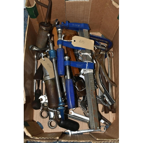 554 - A QUANTITY OF LOOSE TOOLS,  various assorted types of spanner, clamp, punch, grease gun etc., includ... 