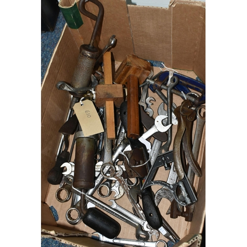 554 - A QUANTITY OF LOOSE TOOLS,  various assorted types of spanner, clamp, punch, grease gun etc., includ... 