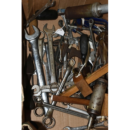 554 - A QUANTITY OF LOOSE TOOLS,  various assorted types of spanner, clamp, punch, grease gun etc., includ... 