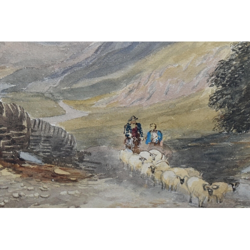 556 - A 19TH CENTURY ENGLISH SCHOOL PASTORAL LANDSCAPE, two figures are driving a flock of sheep on a path... 