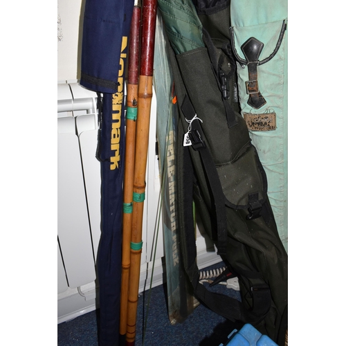 558 - A QUANTITY OF VINTAGE FISHING TACKLE ETC, to include an 8ft George Bate split cane rod, Abu Garcia M... 