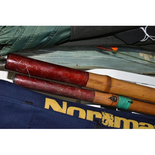 558 - A QUANTITY OF VINTAGE FISHING TACKLE ETC, to include an 8ft George Bate split cane rod, Abu Garcia M... 