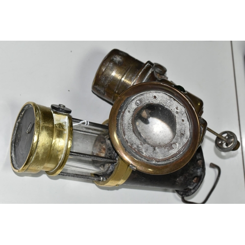 566 - A JOSEPH LUCAS CALCIA CLUB CARBIDE MOTORCYCLE OR BICYCLE LAMP, with a Patterson & Co. type AD Miners... 