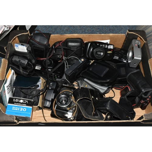 572 - A BOX OF ASSORTED VINTAGE CAMERAS ETC, to include a Zenith EM 35mm SLR film camera, Moscow 1980 Olym... 