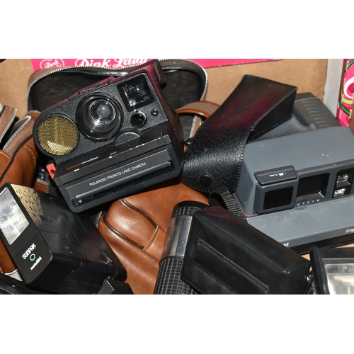 575 - A BOX OF PHOTOGRAPHIC EQUIPMENT, to include various flashguns - two Canon Canolite D flashguns, Cano... 