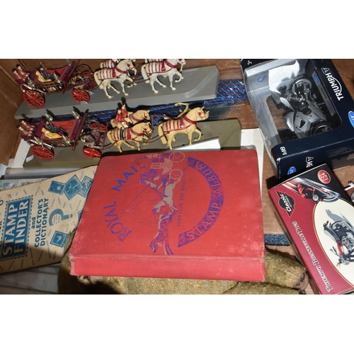 582 - A BOX OF TOYS AND EPHEMERA ETC, to include a vintage teddy bear in distressed condition, boxed die c... 