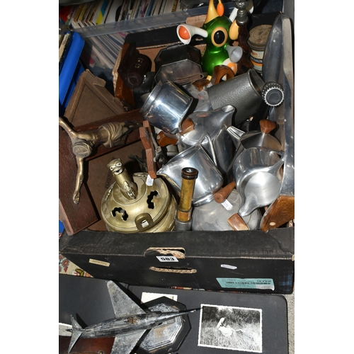 583 - A BOX OF ASSORTED SUNDRY ITEMS ETC, to include Picquot ware tea wares with tray, Battery operated vi... 