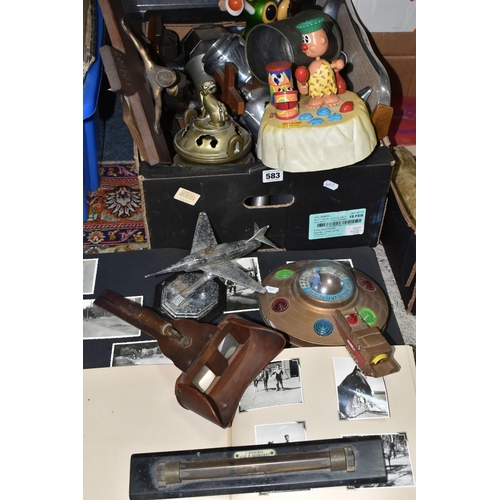 583 - A BOX OF ASSORTED SUNDRY ITEMS ETC, to include Picquot ware tea wares with tray, Battery operated vi... 