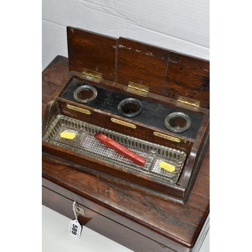 589 - A WRITING SLOPE AND DESK STAND, comprising a writing slope with mother of pearl cartouche and escutc... 