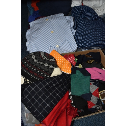 605 - FOUR LARGE AND FOUR SMALL BOXES OF GENTLEMEN'S SHORTS, SOCKS, PYJAMAS, NECK TIES AND GLOVES, to incl... 