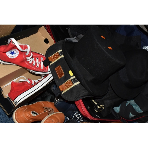 606 - A COLLECTION OF MEN'S CLOTHING AND LUGGAGE, comprising two graduated red 'Constellation' suitcases, ... 