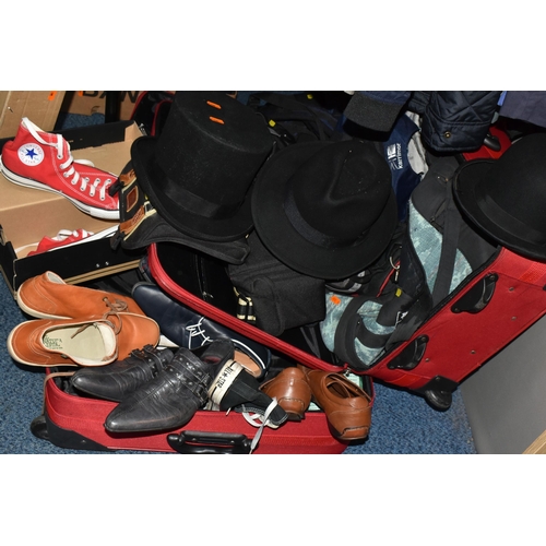 606 - A COLLECTION OF MEN'S CLOTHING AND LUGGAGE, comprising two graduated red 'Constellation' suitcases, ... 