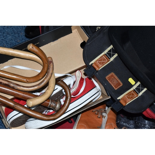 606 - A COLLECTION OF MEN'S CLOTHING AND LUGGAGE, comprising two graduated red 'Constellation' suitcases, ... 