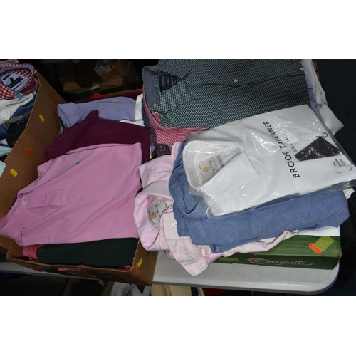 608 - FOUR BOXES OF GENTLEMEN'S SHIRTS, POLO SHIRTS, SWEATERS AND CARDIGANS, to include a large quantity o... 