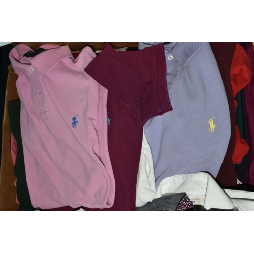 608 - FOUR BOXES OF GENTLEMEN'S SHIRTS, POLO SHIRTS, SWEATERS AND CARDIGANS, to include a large quantity o... 