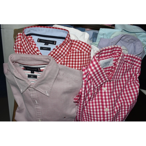 608 - FOUR BOXES OF GENTLEMEN'S SHIRTS, POLO SHIRTS, SWEATERS AND CARDIGANS, to include a large quantity o... 