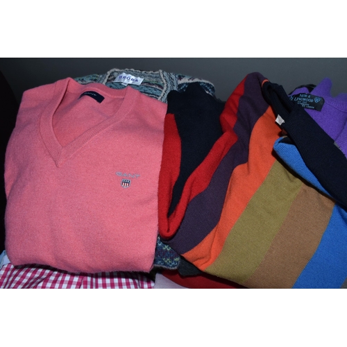 608 - FOUR BOXES OF GENTLEMEN'S SHIRTS, POLO SHIRTS, SWEATERS AND CARDIGANS, to include a large quantity o... 