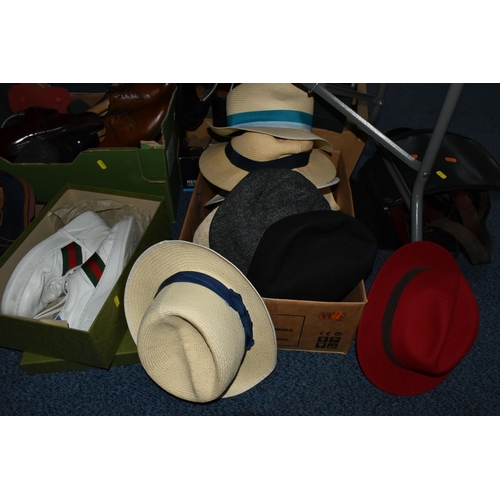 609 - FOUR BOXES AND LOOSE GENTLEMEN'S SHOES, SANDALS, HATS AND BELTS, over thirty pairs of footwear to in... 