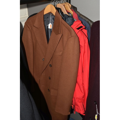 610 - SEVENTEEN ITEMS OF GENTLEMEN'S CLOTHING AND A HAT, comprising two navy blue Jaeger 100% wool over co... 