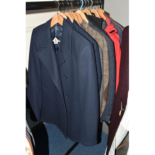 610 - SEVENTEEN ITEMS OF GENTLEMEN'S CLOTHING AND A HAT, comprising two navy blue Jaeger 100% wool over co... 