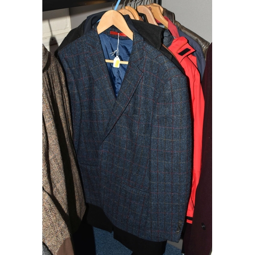 610 - SEVENTEEN ITEMS OF GENTLEMEN'S CLOTHING AND A HAT, comprising two navy blue Jaeger 100% wool over co... 