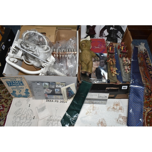 582 - A BOX OF TOYS AND EPHEMERA ETC, to include a vintage teddy bear in distressed condition, boxed die c... 