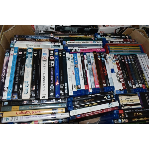 626 - THREE BOXES OF DVDS containing over 200 miscellaneous Film and TV titles including box sets and feat... 