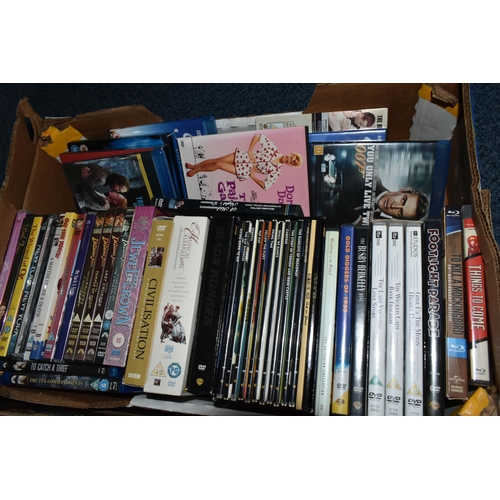 626 - THREE BOXES OF DVDS containing over 200 miscellaneous Film and TV titles including box sets and feat... 