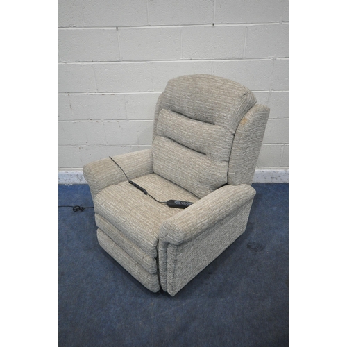 1353 - AN UNBRANDED BEIGE UPHOLSTERED RISE AND RECLINE ARMCHAIR, width 90cm x depth 90cm x height 105cm (co... 