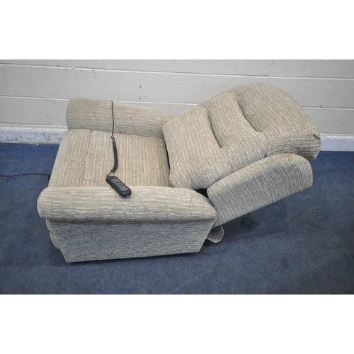 1353 - AN UNBRANDED BEIGE UPHOLSTERED RISE AND RECLINE ARMCHAIR, width 90cm x depth 90cm x height 105cm (co... 