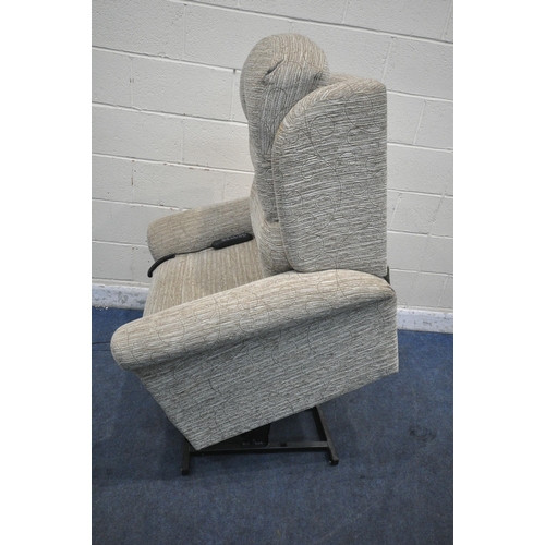 1353 - AN UNBRANDED BEIGE UPHOLSTERED RISE AND RECLINE ARMCHAIR, width 90cm x depth 90cm x height 105cm (co... 