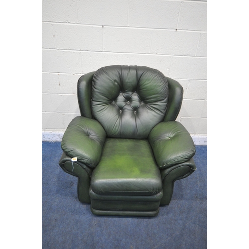 1355 - A GREEN LEATHER MANUAL RECLINING ARMCHAIR, width 103cm x depth 105cm x height 97cm (condition report... 