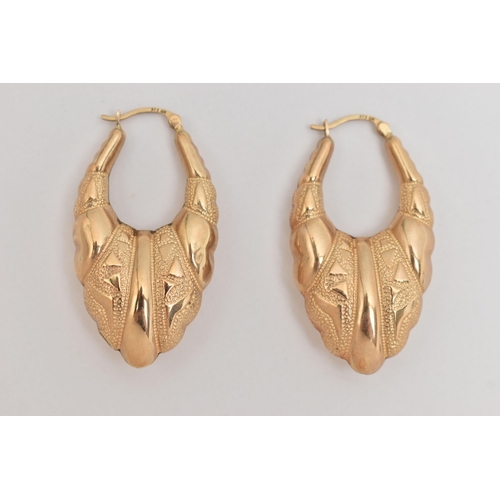 10 - A PAIR OF 9CT GOLD HOOP EARRINGS, each designed as a hollow graduated scalloped hoop with embossed d... 