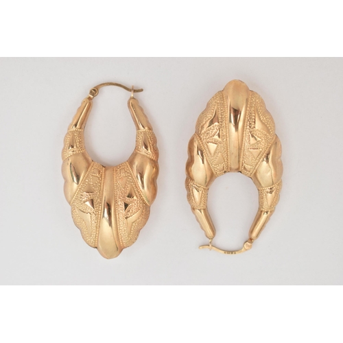 10 - A PAIR OF 9CT GOLD HOOP EARRINGS, each designed as a hollow graduated scalloped hoop with embossed d... 
