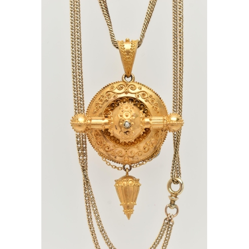 11 - A LATE GEORGIAN/EARLY VICTORIAN PENDANT, of circular outline with cannetille detail, central seed pe... 