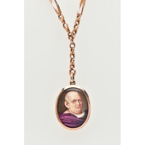 12 - AN EARLY 20TH CENTURY MINIATURE PORTRAIT PENDANT AND CHAIN, the oval enamel pendant depicting a gent... 