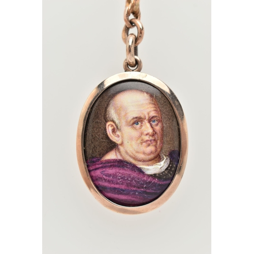 12 - AN EARLY 20TH CENTURY MINIATURE PORTRAIT PENDANT AND CHAIN, the oval enamel pendant depicting a gent... 