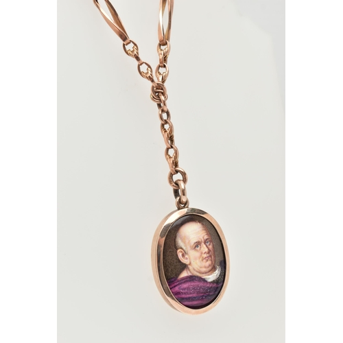 12 - AN EARLY 20TH CENTURY MINIATURE PORTRAIT PENDANT AND CHAIN, the oval enamel pendant depicting a gent... 