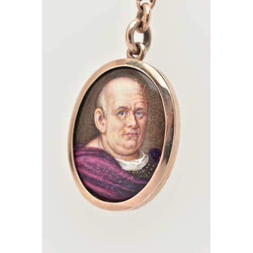 12 - AN EARLY 20TH CENTURY MINIATURE PORTRAIT PENDANT AND CHAIN, the oval enamel pendant depicting a gent... 