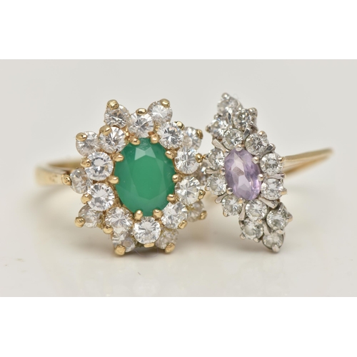 18 - TWO 9CT GOLD GEM SET RINGS, the first designed as a central oval dyed chalcedony within a two tier c... 